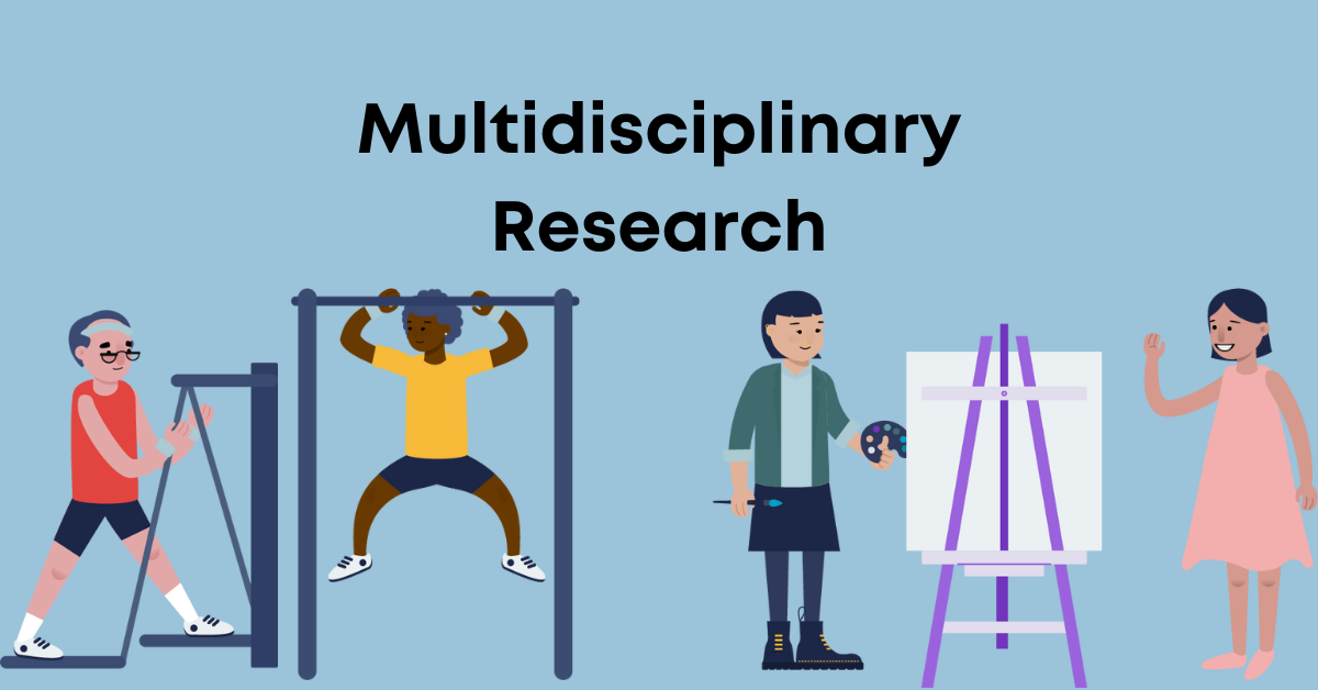 Multidisciplinary mental health research. Cartoons of an older couple on park gym equipment, someone painting and someone talking to a painter