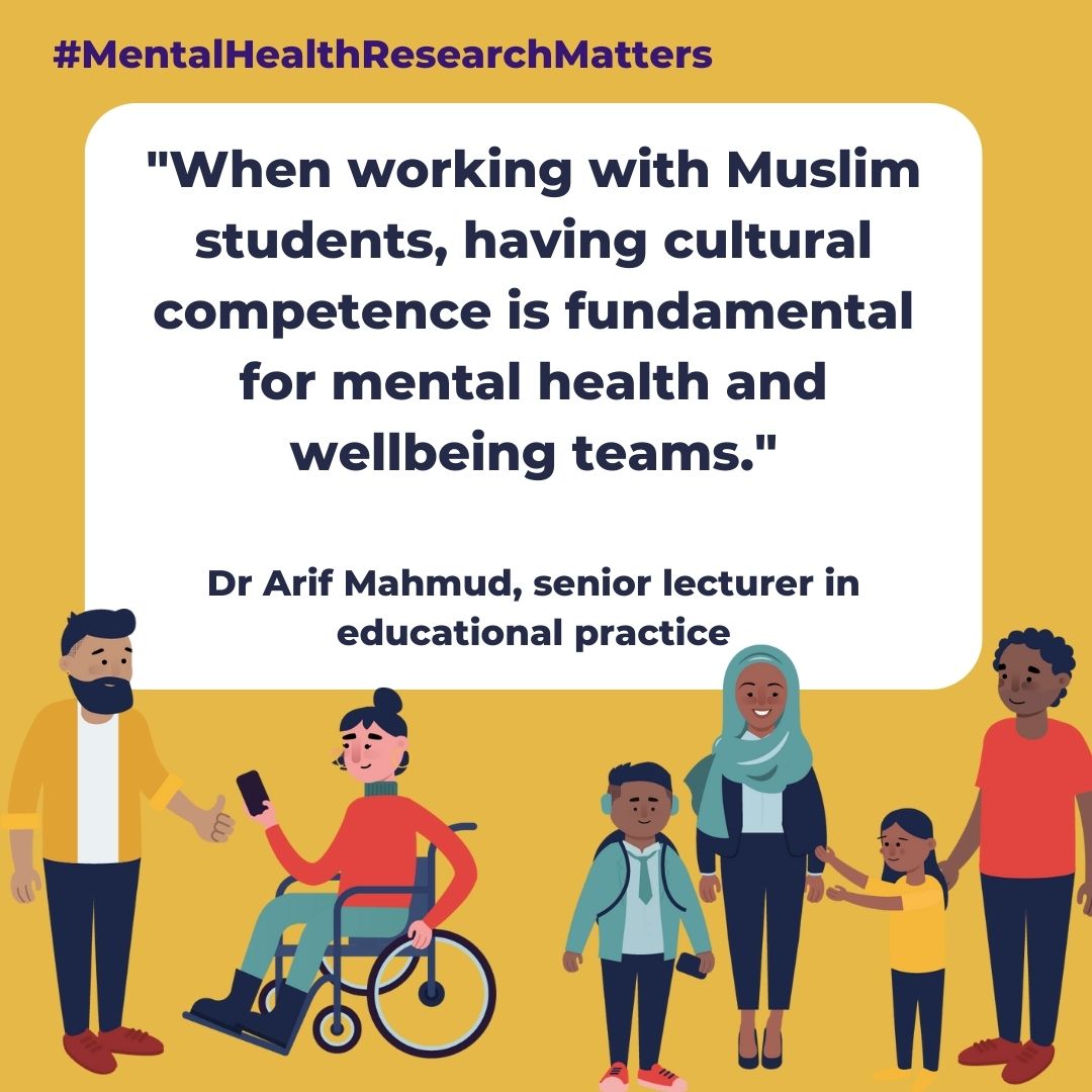 A quote from the blog post by Dr Arif Mahmud surrounded by characters from the Mental Health Research Matters campaign. The quote reads: When working with Muslim students, having cultural competence is fundamental for mental health and wellbeing teams"